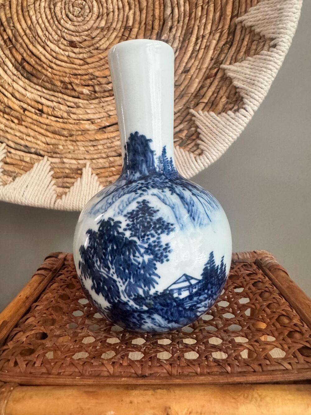 Vintage Chinoiserie Blue White Porcelain Bottle Vase 6" with Chenghua Mark